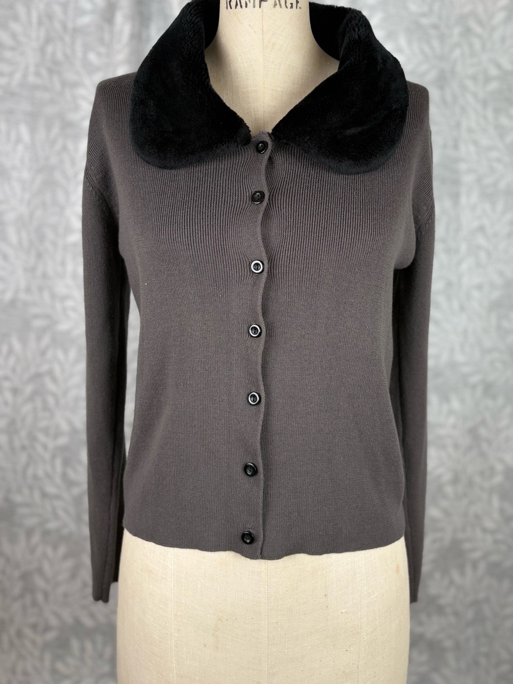 Vintage Kathie Lee Collection Knit Cardigan Sweater L Black Faux Fur Collar
